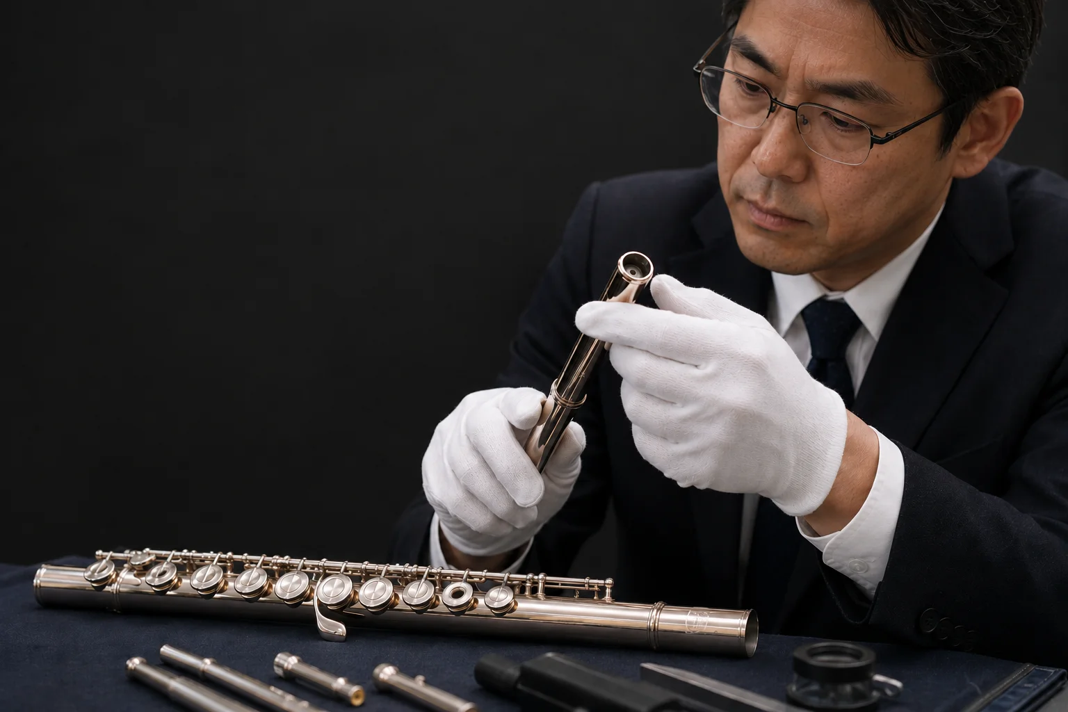 白手袋でフルートの頭部管を査定する専門スタッフ